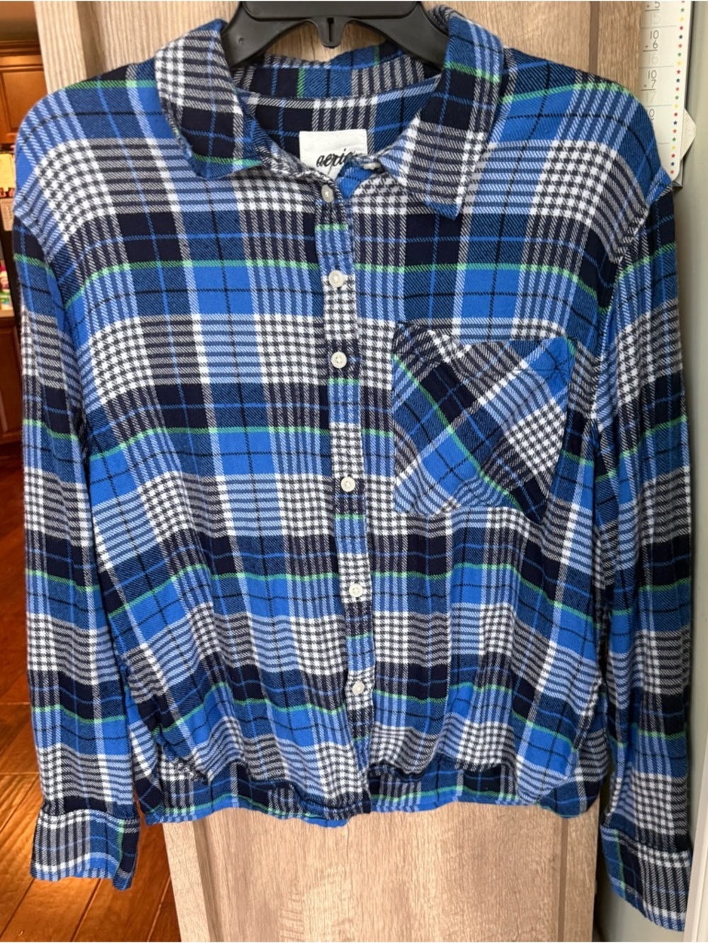 aerie Navy and Blue Plaid Button-Up Shirt